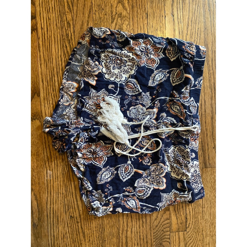 Charlotte‎ Russe Boho Floral Paisley Shorts Navy Blue Orange Tassel Drawstring M